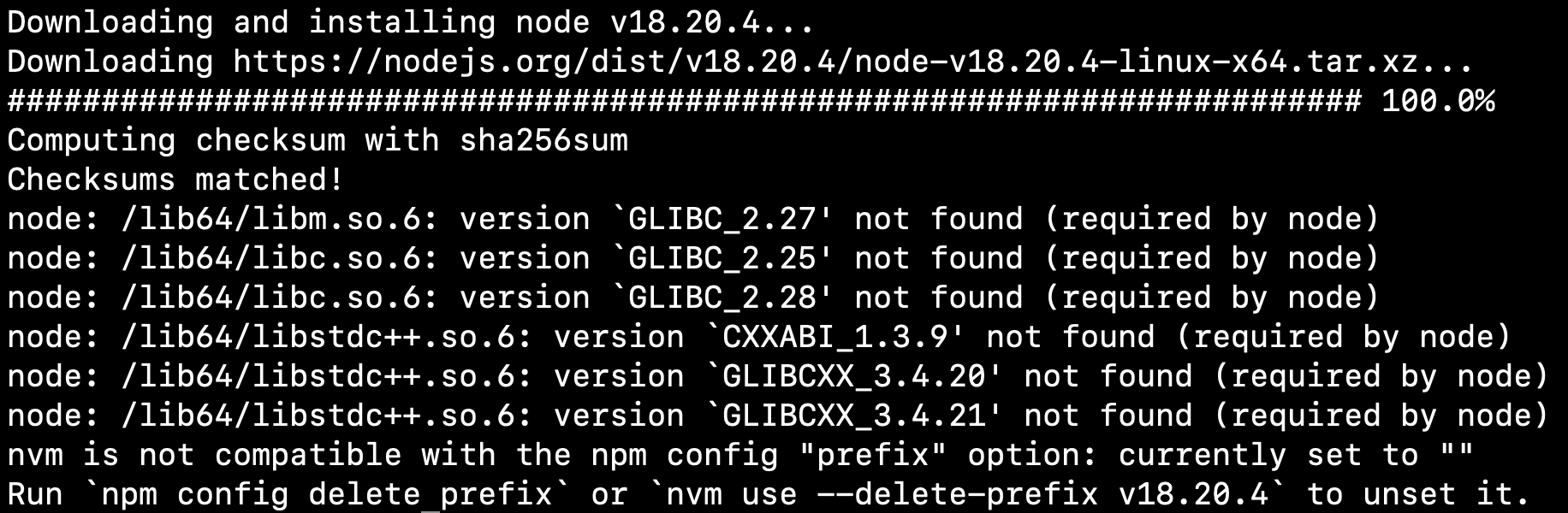 Node Version up GLIBC Error